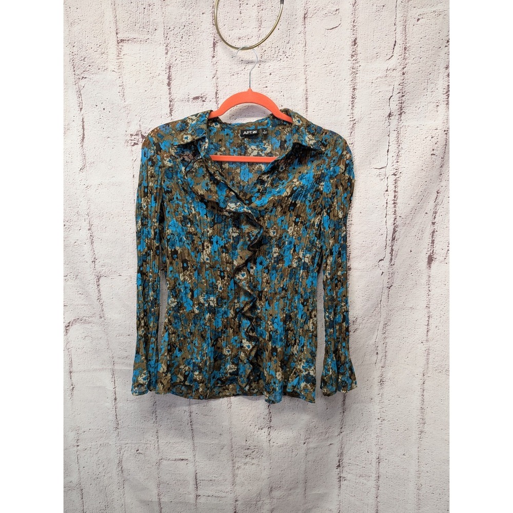 Apt.9 90s Y2K Romance Long Bell Sleeve Button Up Ruffle Blouse Shirt Small Blue